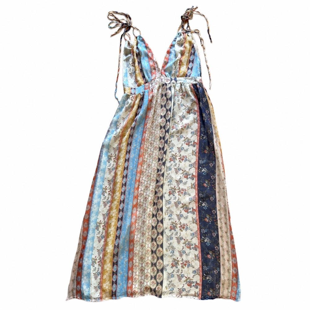 Lulumari Boho Patchwork Maxi Dress Womens Medium Chiffon FloraTie Shoulder  l